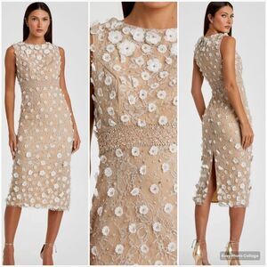 Mac Duggal 67853 Womens Neutral Floral Applique Sleeveless Midi Dress